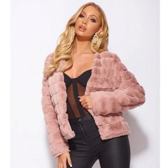 Pink Faux Fur Long Sleeve Collarless Paneled Jacket - Picture 5 of 15